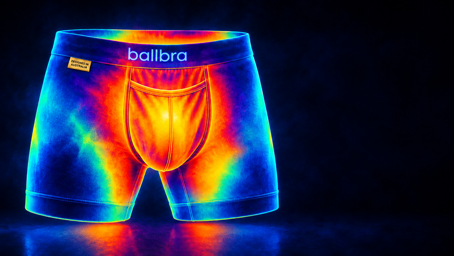 Thermal-camera style image of men's boxer briefs glowing hot orange and yellow at the centre and cool blue at the legs, visualising how tight underwear traps heat.