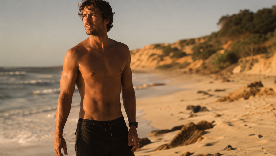 Man on an Australian beach in the heat, representing underwear designed for local conditions