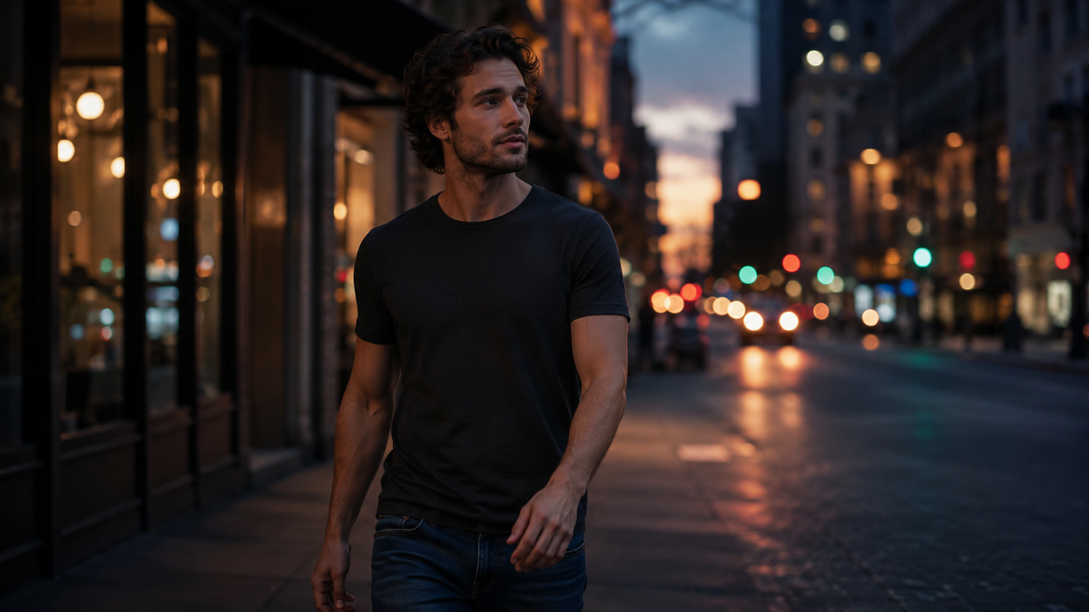 Man walking through the city at dusk, representing all-day comfort from daily boxers that actually hold up