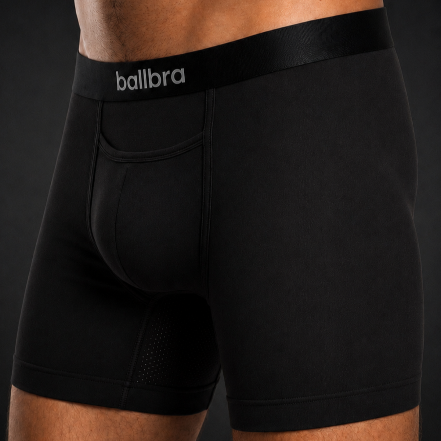 Side view of Ballbra boxer briefs highlighting the anti-chafe inner thigh panel