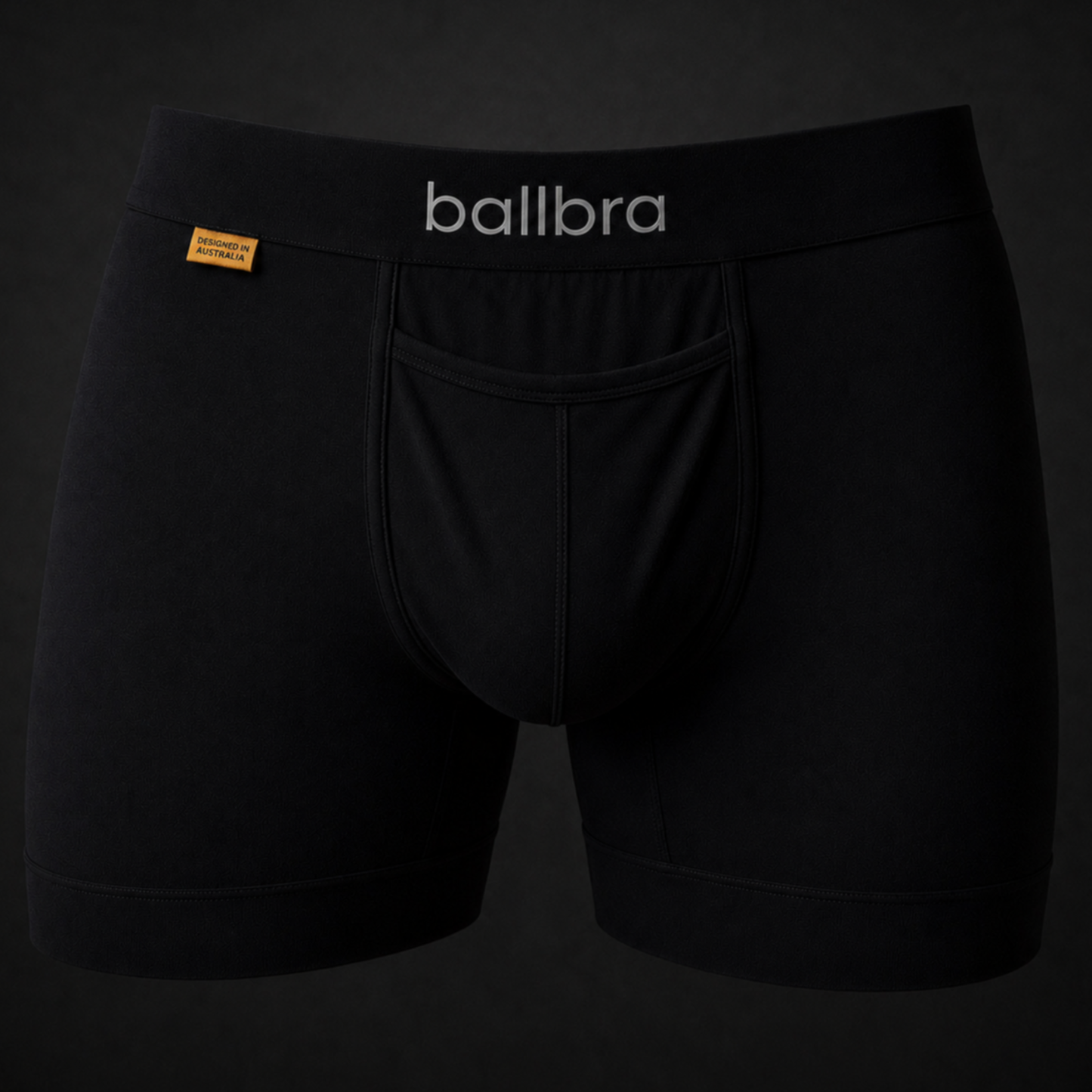 Black Ballbra support boxer briefs, front flat lay product shot