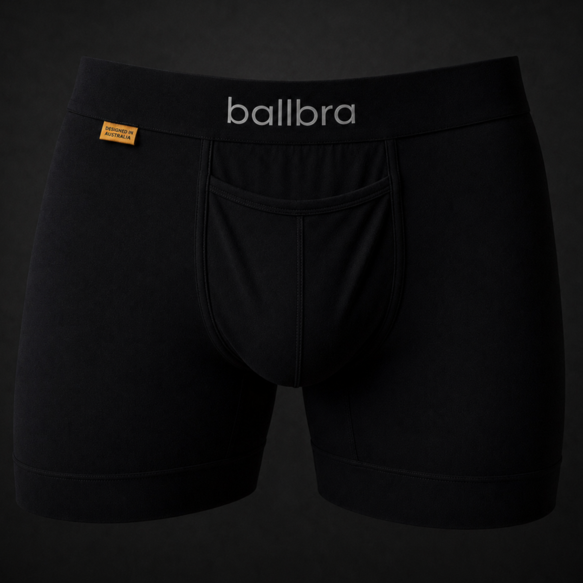 Black Ballbra support boxer briefs, front flat lay product shot
