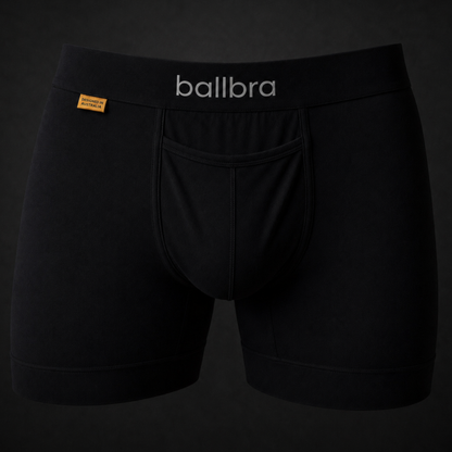 Black Ballbra support boxer briefs, front flat lay product shot